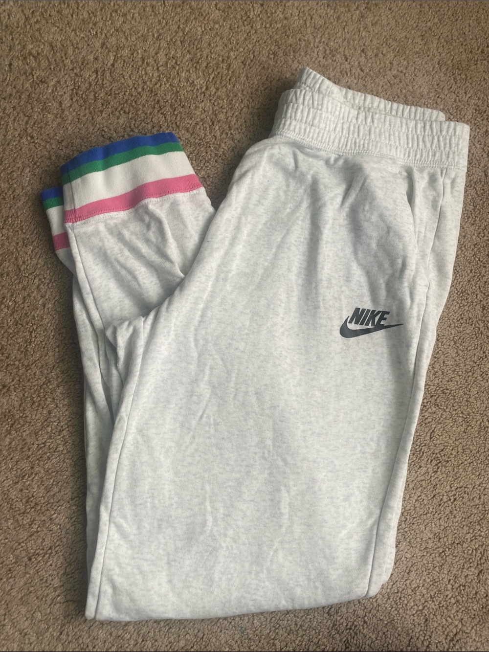 Nike Light Gray womens Sweatpants with Rainbow Striped Cuffs